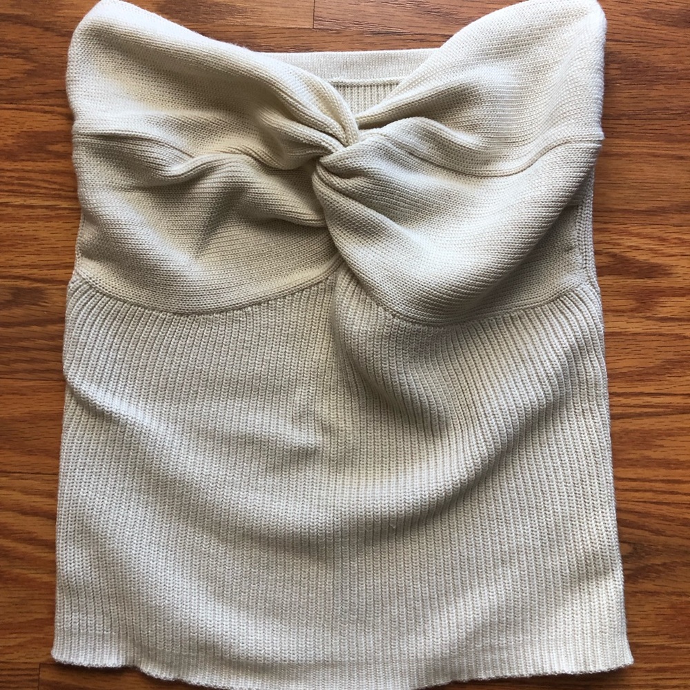 Strapless crisscross sweater top in beige, Size small